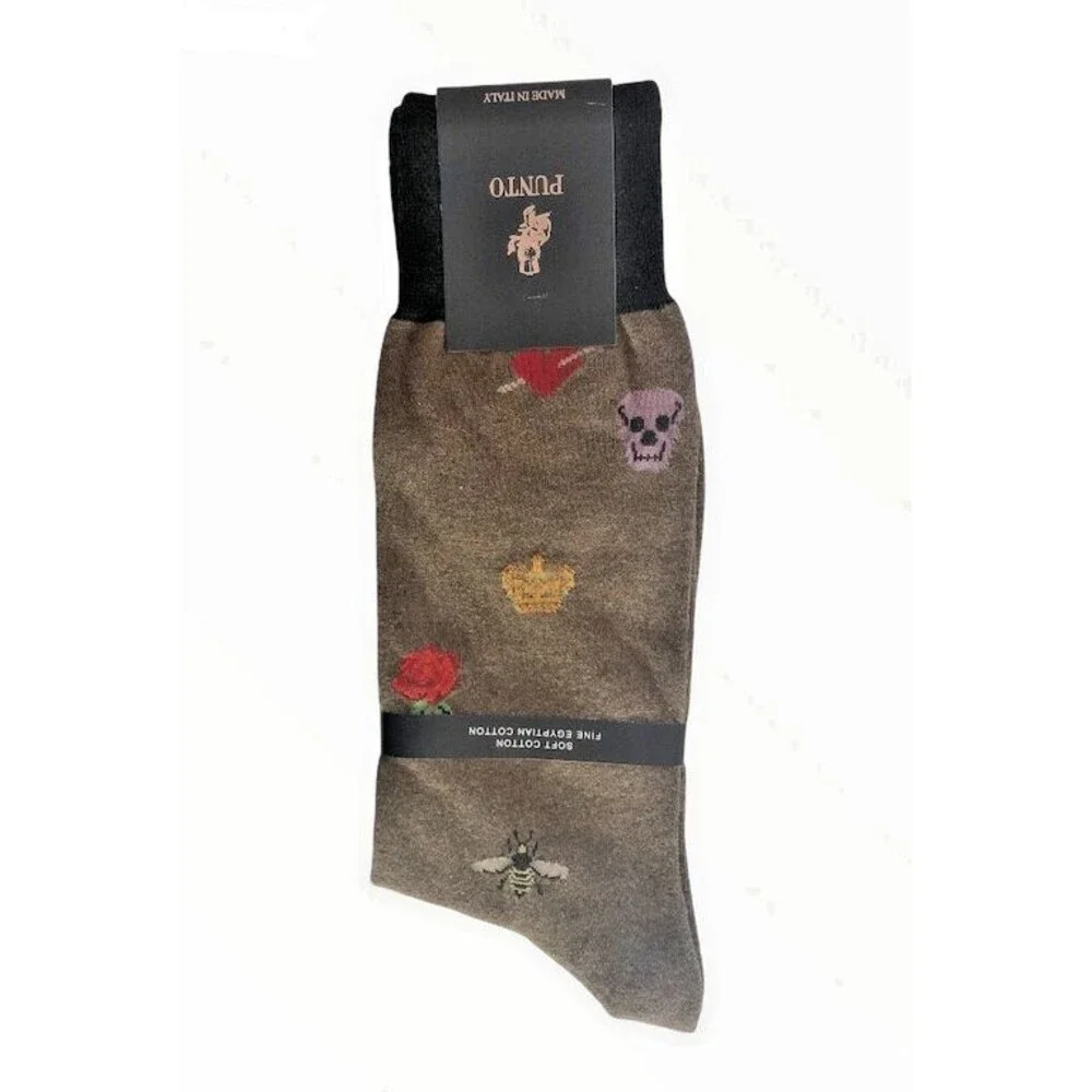 Punto Mens Dress Socks Bees Roses Crowns Skulls Egyptian Cotton Italian Brown